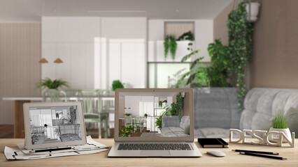 Aufkleber - Architect designer desktop concept, laptop and tablet on wooden desk with screen showing interior design project and CAD sketch, blurred background, kitchen, living and room
