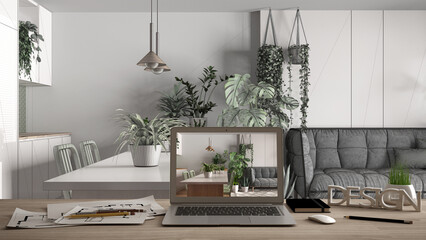 Aufkleber - Architect designer desktop concept, laptop on wooden work desk with screen showing interior design project, blueprint draft background, modern kitchen, living room with dining table
