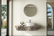 Minimalistic bathroom featuring a natural stone countertop with a white sink, attached to a stone wall. This mockup-ready countertop can serve as a display stand for bathroom products.3d rendering
