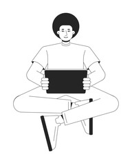 Poster - Man holding tablet bw vector spot illustration. Afro guy sitting with electronic gadget 2D cartoon flat line monochromatic character on white for web UI design. Editable isolated outline hero image