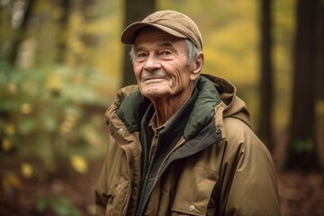 Wall Mural - Portrait of a senior man in the autumn forest. Active seniors.