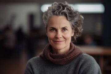 Canvas Print - Portrait of smiling mature businesswoman looking at camera while standing in office