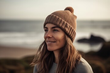 Wall Mural - Portrait of a smiling woman in a knitted hat on the beach