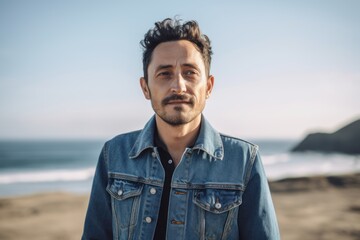 Wall Mural - Portrait of a handsome young man in denim jacket on the beach