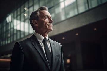 Wall Mural - Portrait of mature businessman in suit looking away at modern office building