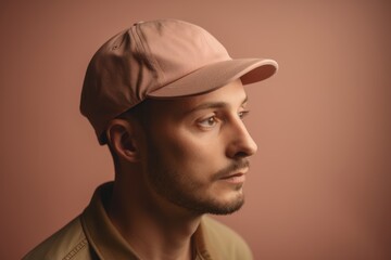 Canvas Print - Portrait of a handsome young man in a baseball cap on a pink background