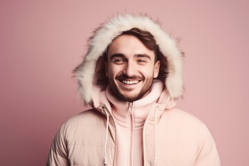 Wall Mural - Portrait of a happy young man in winter clothes on a pink background.