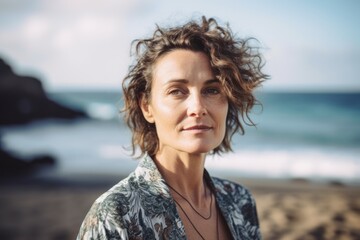 Poster - Portrait of beautiful young woman with curly hair standing on the beach