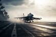 Jet taking off from aircraft carrier runway. Generative AI