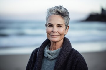 Poster - Portrait of smiling senior woman standing on beach during autumnal day