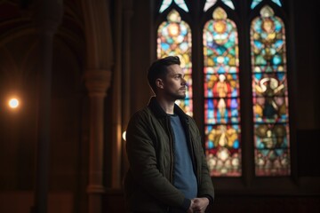 Portrait of a handsome young man standing in front of a church window