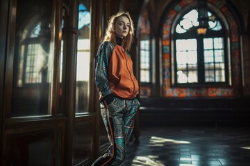 Sticker - Full-length portrait photography of a satisfied woman in her 20s wearing a comfortable tracksuit against a stained glass or cathedral background. Generative AI