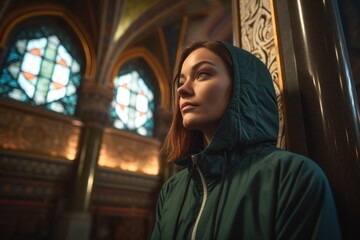 Sticker - Young beautiful girl in a green raincoat in the interior of the church