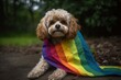 Dog wrapped up in a LGBT color flag. Gay pride animals. Homosexual relationships and transgender orientation concept. Generative AI
