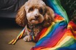 Dog wrapped up in a LGBT color flag. Gay pride animals. Homosexual relationships and transgender orientation concept. Generative AI