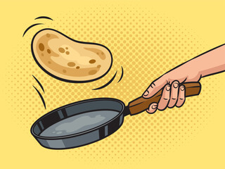 Wall Mural - Turning a pancake in flight over a frying pan during frying pinup pop art retro vector illustration. Comic book style imitation.