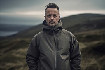 Portrait of a handsome bearded man in a warm jacket and hood standing on the top of a mountain.