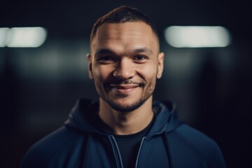 Wall Mural - Headshot portrait photography of a pleased man in his 30s wearing a comfortable tracksuit against a gym or fitness center background. Generative AI