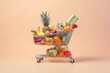 Grocery cart full of shopping on a light background, generative ai