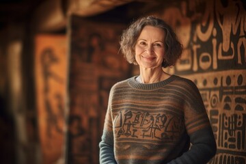 Poster - Full-length portrait photography of a pleased woman in her 50s wearing a cozy sweater against an ancient egyptian or hieroglyphics background. Generative AI