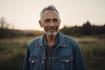 Wall Mural - Portrait of a senior man with gray hair in a denim jacket standing in the field.