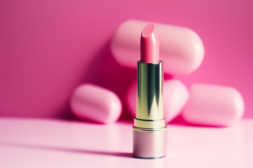 Close up of lipstick on pink surface with pink background. Generative AI.