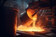 © Tamara - Liquid iron molten metal pouring in container, industrial metallurgical factory, foundry cast, heavy industry background. Generative AI