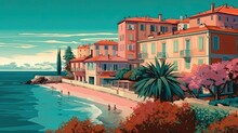 Panoramic View Of A Nice Town In The French Region. Vintage Poster Design. Generative AI