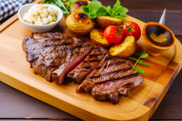 Canvas Print - Wooden cutting board topped with steak, potatoes, tomatoes and other foods. Generative AI.