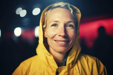 Wall Mural - Close-up portrait photography of a grinning woman in her 40s wearing a vibrant raincoat against a movie theater or cinema background. Generative AI