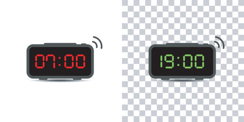 Digital alarm clock.set of red and green led digital clock number isolated on white and transparent background.Vector illustration.