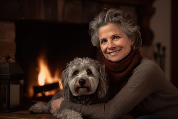  Pet portrait photography of a grinning woman in her 50s wearing a cozy sweater against a cozy fireplace background. Generative AI