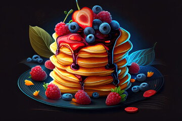 Wall Mural - Delicious sweet crepes decorated air cream and ripe berries. Generative Ai