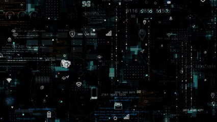 Poster - Motion graphic of Blue data matrix simulation digital grid line and ai technology icon with futuristic HUD screen on black abstract background
