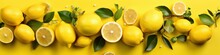 Lemons On Bright Yellow Border. Summer Concept. AI Image
