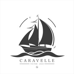  Minimal modern Sailing boat on the water, vector logo. Caravelle emblem