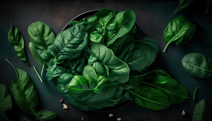 Top view on fresh organic spinach leaves. Healthy green food and vegan background.