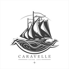  Minimal modern Sailing boat on the water, vector logo. Caravelle emblem