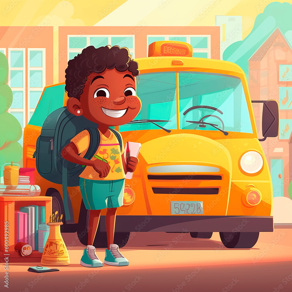 wearing a backpack and holding a pencil, standing in front of a school ...