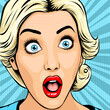 Beautiful blonde woman with wide open eyes and open mouth, vintage pop art comic style, vector illustration