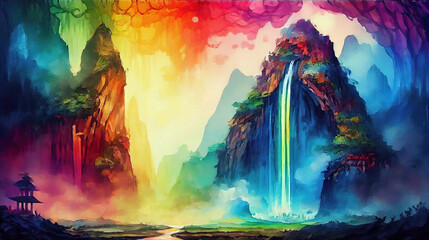 Naklejka na meble Rainbow Colored Waterfall Mountains with Trees on Canvas Oil Painting AI Generative