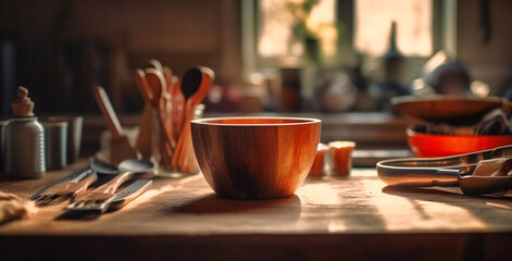 wooden kitchen table with knives and bowls