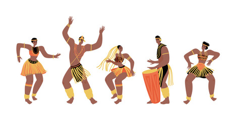 Wall Mural - Set of vector illustrations of men and women dancing traditional African dances. Cute characters