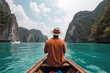 Tourist man in hat relaxing on boat at the beautiful islands, back view. Generative AI