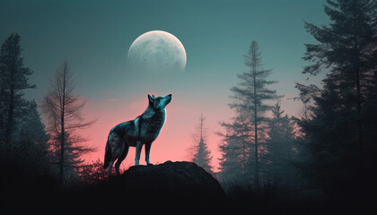  Silhouette of wolf howling at midnight moon generated by AI