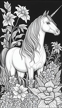 Coloring Book Page For Adults With A Magic Unicorn And Flowers