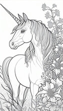 Coloring Book Page For Adults With A Magic Unicorn And Flowers