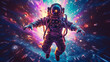 © Dijay - Beautiful painting of an astronaut in a colorful galaxy in space. Ai art. Pop art concept, gaming art concept, wallpaper.