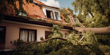 Fallen Tree On House Roof After Hurricane. Property Insurance. Generative AI