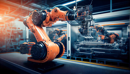 Poster - robotic arm in a factory. Generative AI